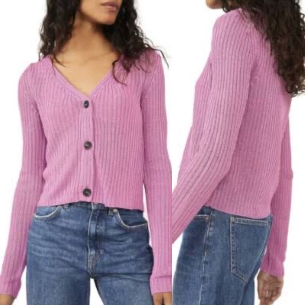 Free People Game On Pink Cardigan Button Up V-neck Open Knit Size XS Crochet